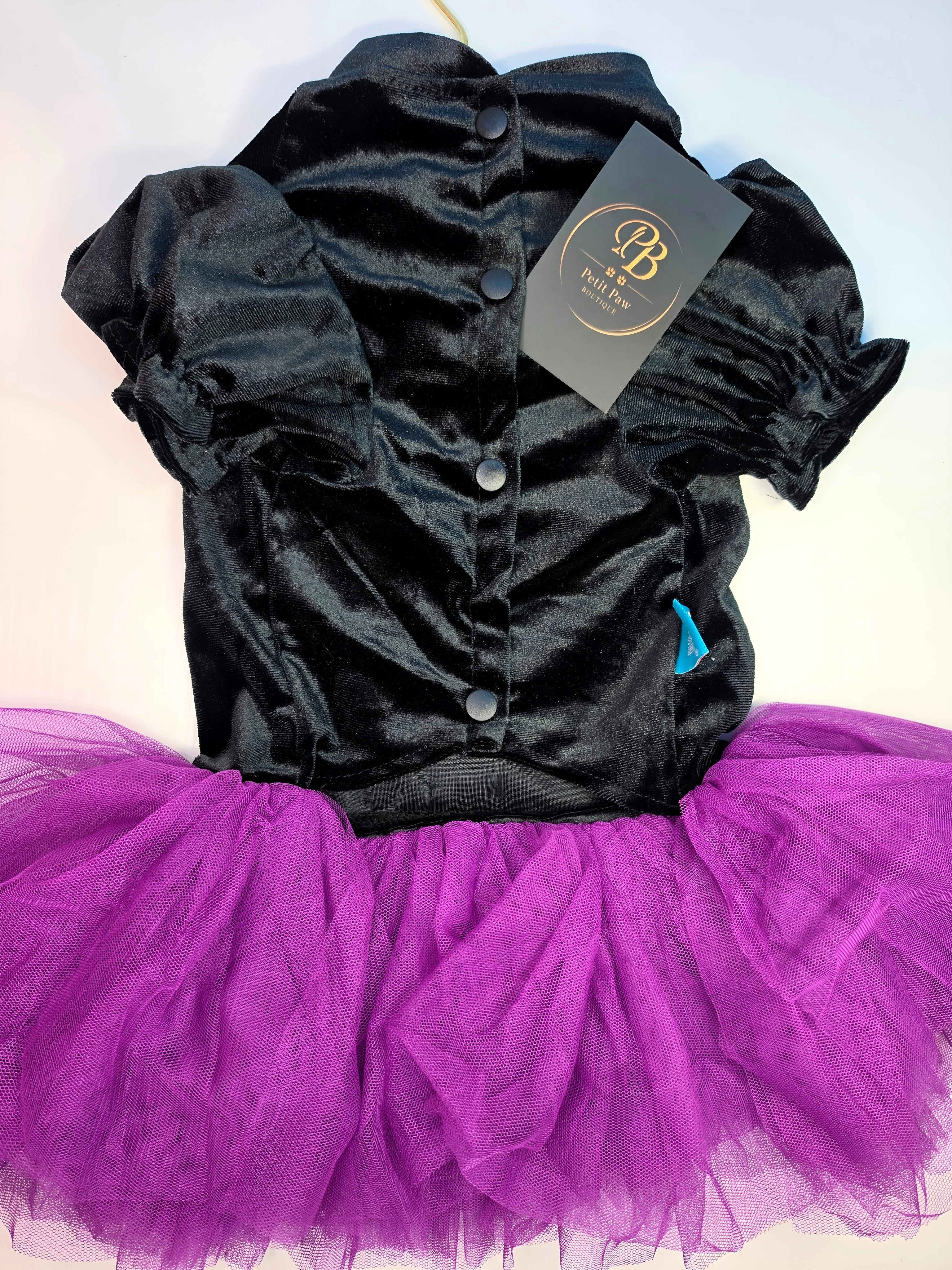 vestido para mascotas terciopelo negro tutú morado